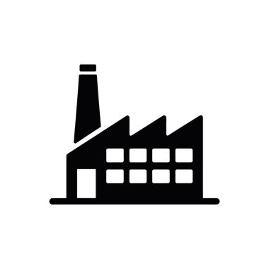 Sanayi üretim sürecini gözler önüne seren, imalat, enerji üretimi ve altyapı unsurlarını vurgulayan beyaz bir zemin üzerinde izole edilmiş fabrika silueti simgesi.