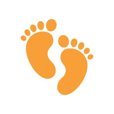 Bebeklik veya çocuklukla ilgili projeler için uygun, bebek ayaklarını temsil eden, minimalist bir vektör grafiği olan beyaz arka planda iki turuncu ayak izi gösterilir.
