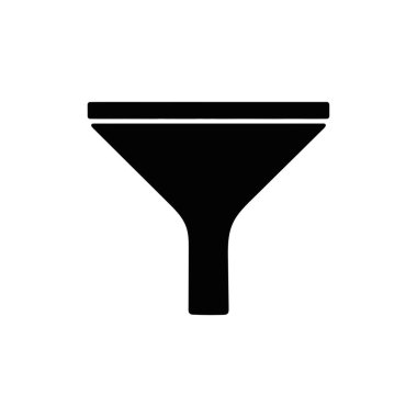 Beyaz arkaplanda izole edilmiş siyah huni simgesi filtreleme veya dökme sıvısı için uygundur. Diyagramlar, sunumlar ve UI tasarımı için ideal; vektör illüstrasyonu.