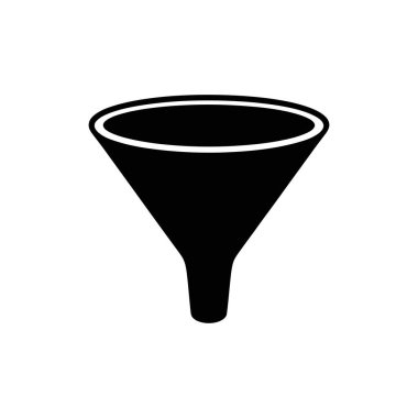 Beyaz arkaplanda bilim, kimya ve laboratuvar ortamlarında sıklıkla kullanılan sıvı ve tozlar için filtreleme sürecini betimleyen siyah huni simgesi.