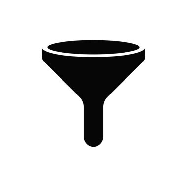 Beyaz arkaplana karşı izole edilmiş siyah huni simgesi, tasarım içindeki sıvı filtreleme, laboratuvar süreçleri veya kimya kavramlarını göstermek için idealdir.