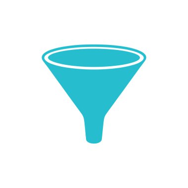 Beyaz arkaplandaki turkuaz huni simgesi filtreleme, transfer, kimya veya laboratuvar konseptini gösteriyor. Çeşitli tasarım uygulamaları için basit ve temiz vektör grafiği.