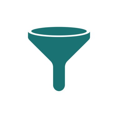 Beyaz arkaplandaki Teal huni simgesi, bir veri filtresini temsil ediyor. Grafik tasarımı ve web için izole edilmiş basit vektör illüstrasyon ögesi.