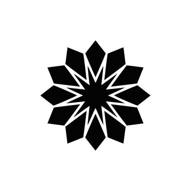 Beyaz zemin üzerinde siyah geometrik yıldız çiçeği, simetrik on iki köşeli çiçek vektör çizimi, logo tasarımı ve İslami dekorasyon kavramları için harika..