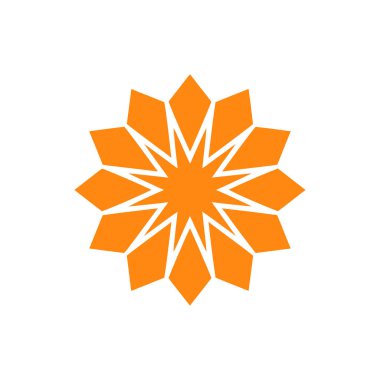 Beyaz arka planda birden fazla keskin taç yapraklı turuncu çiçek simgesi, basit ve dekoratif bir tasarımı var, soyut grafik elementler veya logolar için mükemmel..