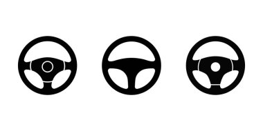 Araç direksiyon simgesi beyaz arka planda siyah vektör illüstrasyonunda ayarlandı, araçlar, ulaşım ve sürüş ögeleri için farklı stiller gösteriliyor.