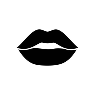 Beyaz arkaplanda siyah dudak simgesi, izole edilmiş basit düz tasarım tarzı. Üst ve alt dudakları olan bir insan ağzının minimalist tasarımı.