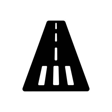 Yaya geçidi olan siyah yol ikonu ve beyaz arka planda beyaz çizgi. Simge, yol ve güvenlik kavramını resmediyor.