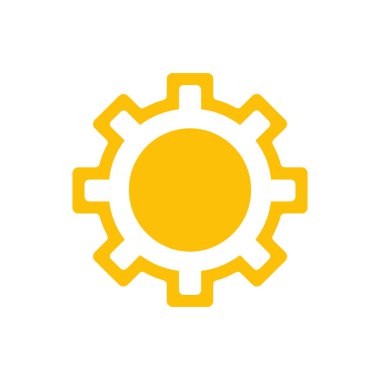 Beyaz zemin üzerinde genellikle ayarlar, yapılandırmalar veya mekanik süreçlerin ve mühendislik çözümlerinin temsili ile ilişkili bir sarı dişli simgesi gösterir.