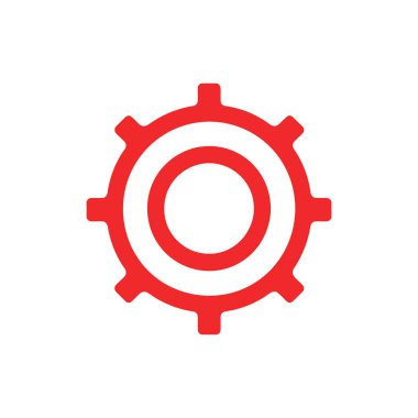 Kırmızı dişli dişli ikonu beyaz arka planda izole edilmiş, endüstriyi, mühendisliği ve takım çalışmasını tasvir ediyor. Basit bir mekanik sembolün vektör illüstrasyonu.