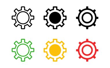 Her birinin eşsiz tasarım varyasyonları olan renkli vitesler içeren bir resim, temiz beyaz bir arka plana karşı sunulur, mekanik kavramların taşınması için mükemmeldir..