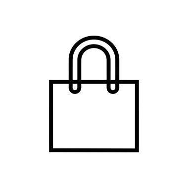 Beyaz arka planda, minimalist bir siyah çizim bir alışveriş torbasını gösteriyor. Tasarım çift çizgili yuvarlak saplı kare bir gövdeye sahiptir..