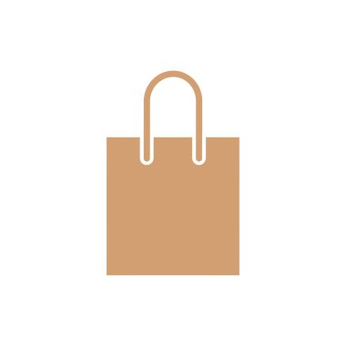 Beyaz arka planda izole edilmiş bej alışveriş torbası ikonu ticareti, perakendeciyi, çevrimiçi mağazaları, alışverişleri ve tüketiciliği temsil ediyor. Çok yönlü kullanım için basit, minimalist tasarım.