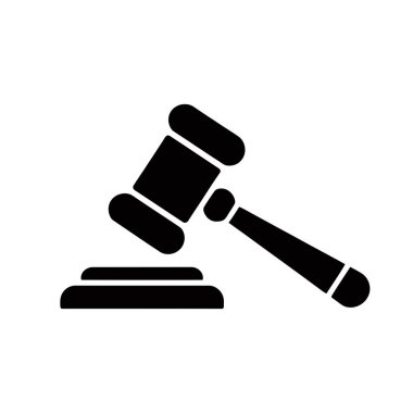 Siyah tokmak simgesi, hukuk ve adaleti temsil eden beyaz bir arkaplanda izole edilmiş, genellikle mahkeme işlemleri, hukuki meseleler ve karar verme süreçlerinde kullanılır..