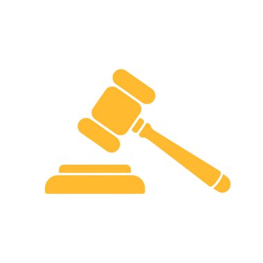Beyaz arkaplandaki altın tokmak ikonu resmi hukuk sistemi, yargı, adalet ve yargı sürecini temsil etmektedir. Vektör sanatı basit ve izole..