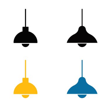 Siyah, mavi ve sarı renkli kolye ışıklandırma tasarımları içeren beyaz arkaplan üzerine izole avize edilmiş avize simgesi. Lamba tasarım elementinin vektör illüstrasyonu.