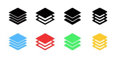 Katman simgeleri üç yuvarlak kare şeklindeki yığını gösteriyor. Siyah, mavi, kırmızı, yeşil ve sarı renkte yapılmış. Grafik tasarımı için temiz beyaz bir arkaplana yerleştirilmiş..