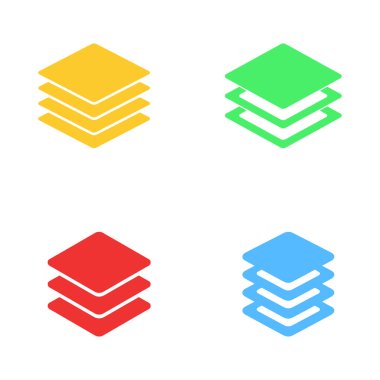 Sarı, yeşil, kırmızı ve mavi renklerde üst üste binen dört renkli kare tabaka simgesi, üst üste dizilmiş bir dizayn biçimi sergiliyor..