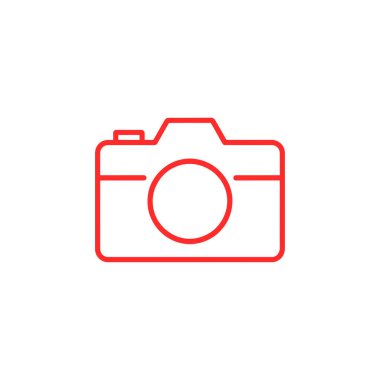 Beyaz zemin üzerinde kırmızı kamera ikonu ana hatlarıyla fotoğrafçılığın özünü yakalıyor. Dijital tasarım, yaratıcı projeler veya fotoğraf temaları için harika.