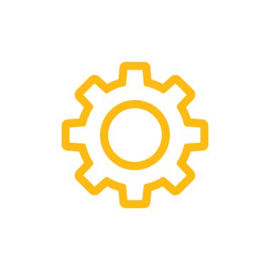 Temiz beyaz arkaplan çiziminde izole edilmiş altın dişli ya da vites simgesi. Teknoloji, endüstri, mühendislik ve otomasyonu temsil ediyor. Çizgi çizim biçimi, basit tasarım.