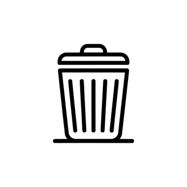 Siyah çöp tenekesi beyaz arkaplanda izole edilmiş simge silmeyi, dosyaları kaldırmayı ve atıkları yok etmeyi sembolize eder. Web ya da yazdırma için vektör illüstrasyonu.