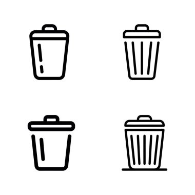 Temiz beyaz arkaplanda izole edilmiş çöp kutusu simgesi koleksiyonu. Dört farklı çöp bidonundan oluşan vektör illüstrasyonu.