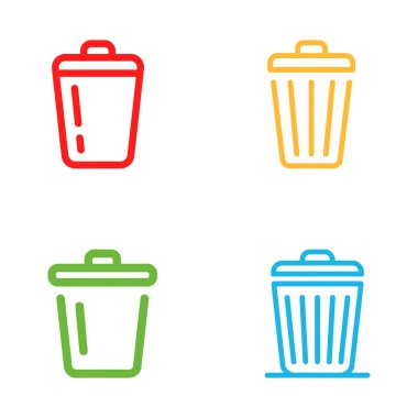 Beyaz arkaplanda dört renkli çöp kutusu simgesi, basit bir çöp öğütücüsünü temsil ediyor ve geri dönüşüm kutularını minimalist tasarım tarzında temsil ediyor.