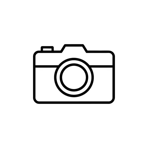 Beyaz arka planda izole edilmiş siyah ana hatlı kamera simgesi. Resim, netliğe odaklı basit ve modern bir çizgi çizimi gösterir.