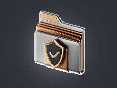 Modern özel klasör, güvenli gizli bilgi, veri depolama, bilgisayar klasörü. Veri güvenliği kavramı. 3 boyutlu illüstrasyon. Altın metal dokusu