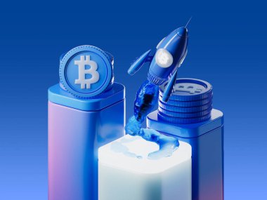 Bitcoin 'den aya, boğa şifreleme parasıyla. Fotokopi arkaplanı 3 boyutlu olan bir roketin içindeki bitcoin şifreli para birimi logosu. Dijital, mavi doku