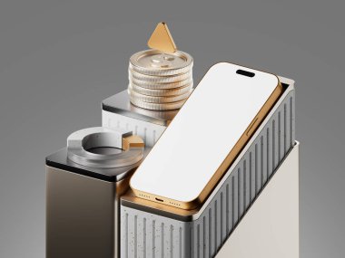Reklam pankartları için tek bir kompozisyonda üç boyutlu resim, akıllı telefon, bozuk para, veri. Altın, beyaz doku