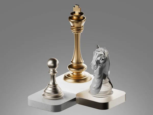 This 3D icon depicts golden chess pieces, symbolizing strategy, intelligence, and the pursuit of victory. 3d illustration. Gold metal texture