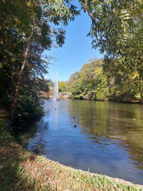 Parkta bir nehir olan sonbahar manzarası
