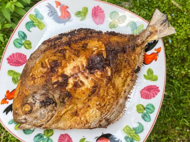 Tabakta büyük kızarmış balığın portresi, parkta yeşil çimlere karşı.