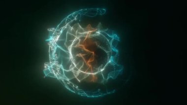 Soyut parçacık küresi, bilim geçmişi. Sanal akış büyük ikili veri görselleştirmesi. Dijital teknoloji gezegen yapısı, parlaklık ve parçacıklar. 3 Boyutlu Hazırlama