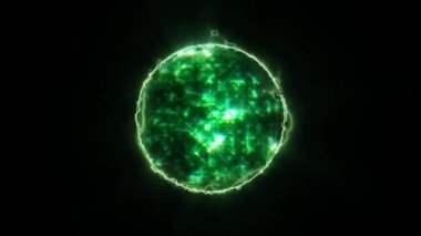 Evrende parlayan üç boyutlu yeşil kozmik bir animasyon. Parlayan parçacıklar ve enerji ışınlarından oluşan 3D küre animasyonu. Döndürme teknolojisi küresi. Matris, yapay zeka, teknoloji bilimi