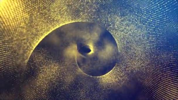 Vórtice Brillante Espiral Girando Sobre Fondo Amarillo Con Partículas Doradas — Vídeos de Stock