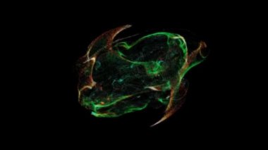 Soyut yeşil turuncu parçacıklar arka plan animasyon döngüsü ile sarmal parçacık formu koyu bir arkaplan ortamı üzerinde döner