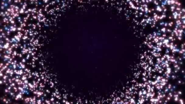 Belas Partículas Círculo Multi Coloridas Estilo Plano Voando Através Câmera — Vídeo de Stock
