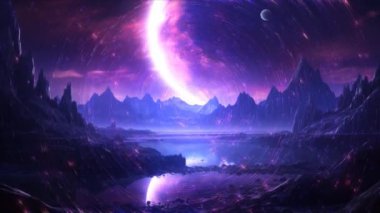 3D işlenmiş uzay sanatı: Uzaylı Gezegeni - Mor gökyüzü ve yıldızlı bir fantezi manzarası. Parlayan parçacıklarla mor kırmızı uzay tünelinde uçuyorlar. 4k animasyon