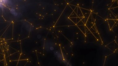 Lüks altın pleksus arka planı. Parlayan çizgilerin ve noktaların modern teknoloji arka planı. Evrendeki altın tozu parçacıkları. Uzayda parlak yıldız takımyıldızları. Teknoloji, bilim. 4k.
