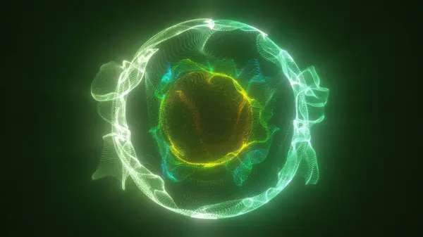 Parçacıklardan oluşan soyut yeşil turuncu enerji küresi ve karanlık bir arkaplanda parlayan sihirli dalgalar