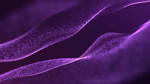 Parlayan parçacıklardan gelen soyut mor dalgalar ve fütüristik yüksek teknoloji arkaplanı çizgileri