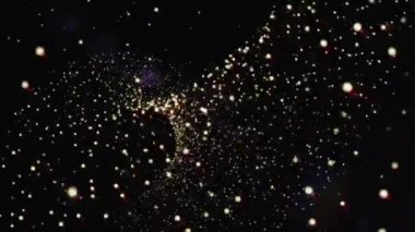 Siyah bir zemin üzerinde hareket eden soyut sarı parçacıkların animasyonu; altın kırmızı parlak parçacıkların odak noktası