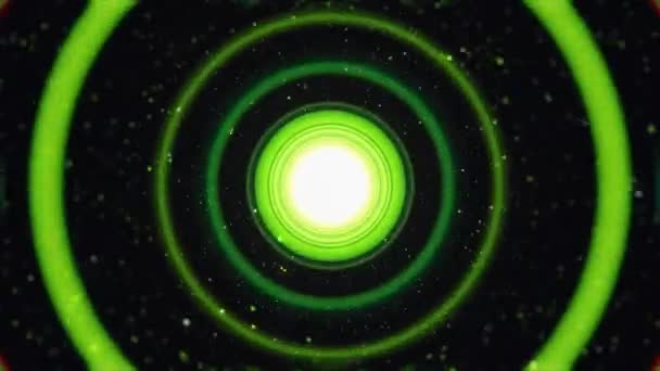 Zářící Kruhy Hvězdy Tunelu Zrnitým Efektem Krásná Animace Zelenými Kruhy — Stock video
