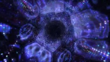 Zaman ve uzayda bir solucan deliği. Soyut mavi parlak tünel 4K, zaman yolculuğu konsepti. Zaman arkaplanının uzay galaksisi tüneli