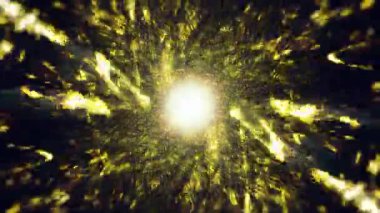 Soyut arkaplan sanatının 3D videosu. Parlak ve parlak efektli altın tünelde sürreal spiral desenli.