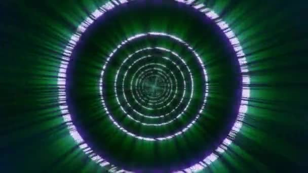 Gloeiende Witte Cirkels Tunnel Beweging Mooie Animatie Met Groene Stralen — Stockvideo