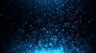 Mavi bokeh parçacıkları, toz gradyan soyut arkaplanı ödüllendirir. Karanlık arka planda uzayda fütürist ışıltı