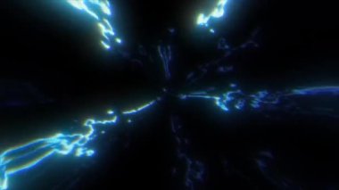 Fütürist mavi kıvrımlı çizgilerin etkileyici bir görüntüsü. Eğri uzanan çizgilerden oluşan bir tahıl etkisiyle parlak bir eğimle aydınlatılmış. Çizgiler hızlı hareketle titreşir